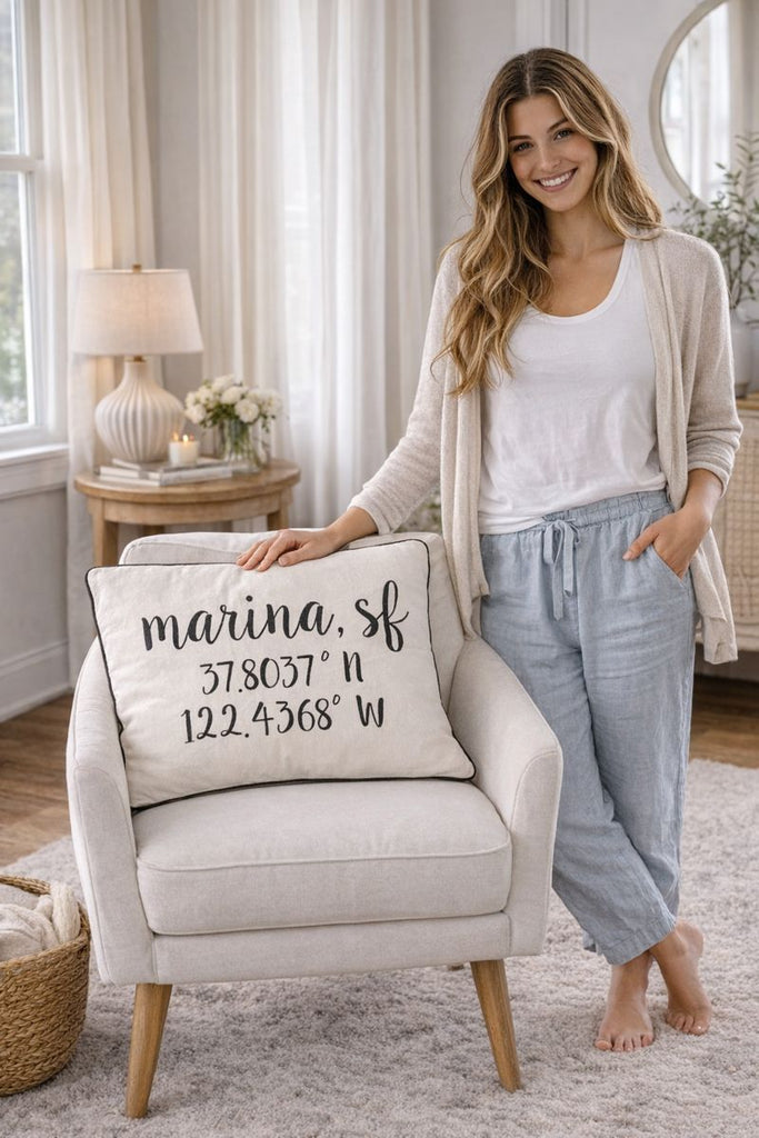 Marina SF Longitude Latitude Embroidered Lumbar Pillow Cover