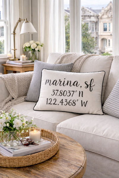 Marina SF Longitude Latitude Embroidered Lumbar Pillow Cover