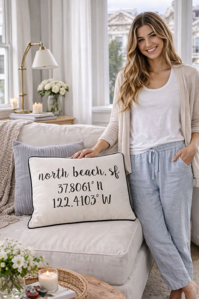 North Beach Longitude Latitude Embroidered Lumbar Pillow Cover