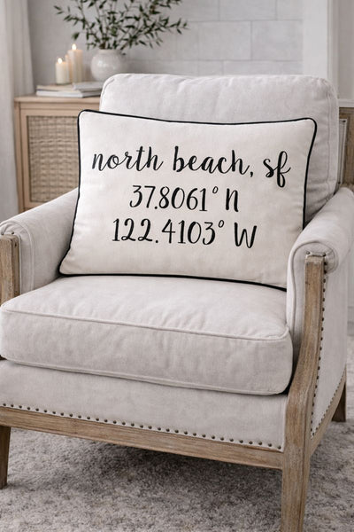North Beach Longitude Latitude Embroidered Lumbar Pillow Cover