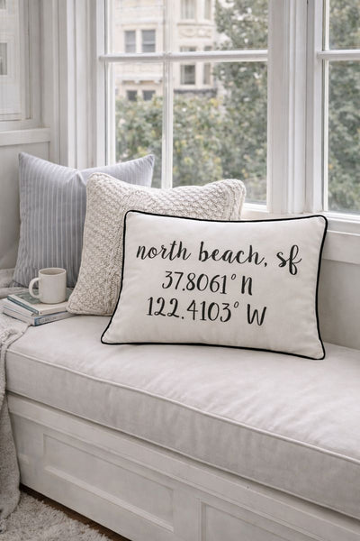 North Beach Longitude Latitude Embroidered Lumbar Pillow Cover
