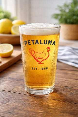 Petaluma Chicken 16 oz Pint Glass - Red and Navy