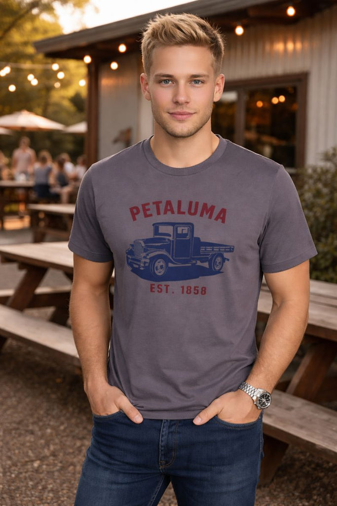 Men's T-shirt with Petaluma Truck logo in Asphalt Luma Vintage