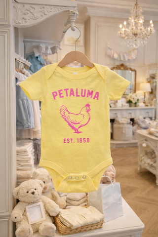Luma Vintage Chicken Onesie- Yellow with pink image
