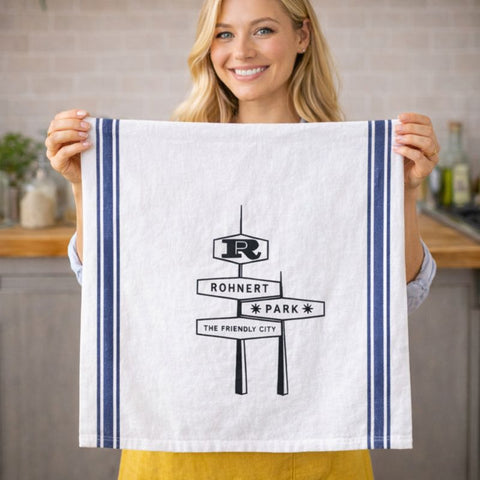 Rohnert Park Friendly City Sign Tea Towel with Blue Stripes