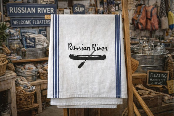Russian River Canoe and Oar Blue Stripe Tea Towel