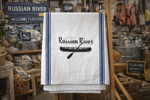 Russian River Canoe and Oar Blue Stripe Tea Towel