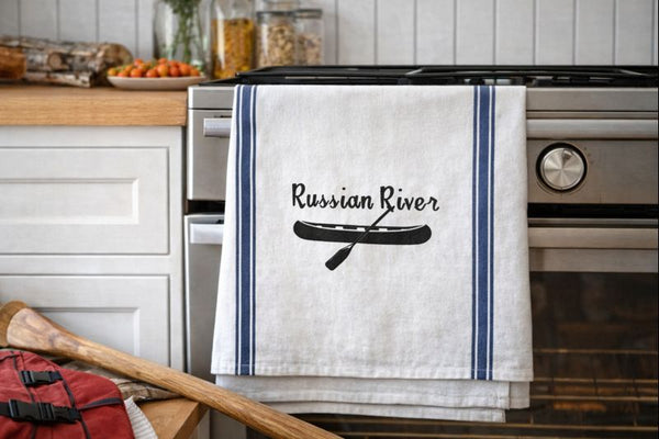 Russian River Canoe and Oar Blue Stripe Tea Towel