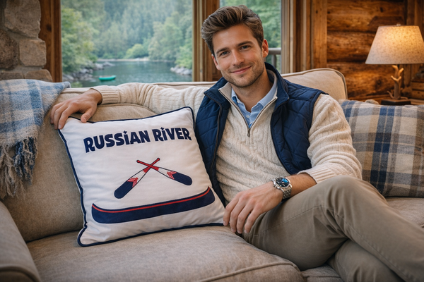 Russian River Canoe Embroidered Pillow Cover- Sonoma County Collection