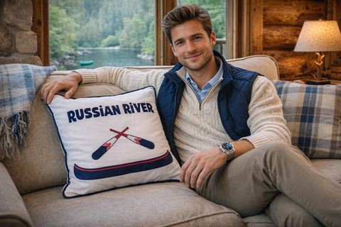Russian River Canoe Embroidered Pillow Cover- Sonoma County Collection