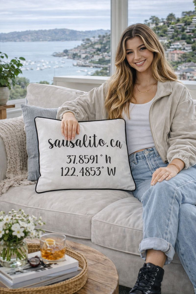 Sausalito  Longitude Latitude Embroidered Lumbar Pillow Cover
