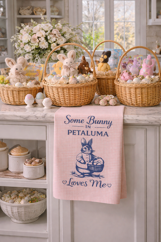 Petaluma Easter Tea Towel – Some Bunny in Petaluma Loves Me, Bunny Kitchen Towel, Spring Farmhouse Decor - Pink Check