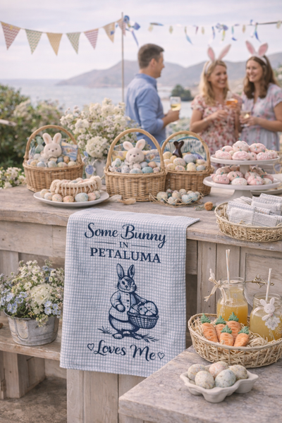 Petaluma Easter Tea Towel – Some Bunny in Petaluma Loves Me, Bunny Kitchen Towel, Spring Farmhouse Decor - Blue Check