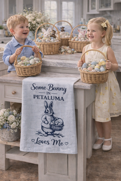 Petaluma Easter Tea Towel – Some Bunny in Petaluma Loves Me, Bunny Kitchen Towel, Spring Farmhouse Decor - Blue Check