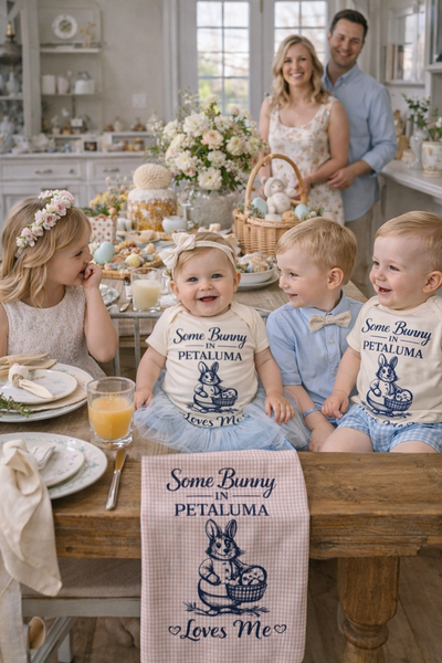 Petaluma Easter Tea Towel – Some Bunny in Petaluma Loves Me, Bunny Kitchen Towel, Spring Farmhouse Decor - Pink Check