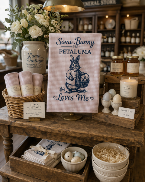 Petaluma Easter Tea Towel – Some Bunny in Petaluma Loves Me, Bunny Kitchen Towel, Spring Farmhouse Decor - Pink Check