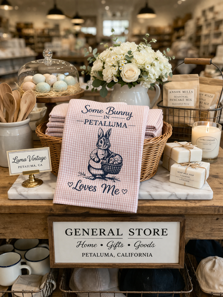 Petaluma Easter Tea Towel – Some Bunny in Petaluma Loves Me, Bunny Kitchen Towel, Spring Farmhouse Decor - Pink Check