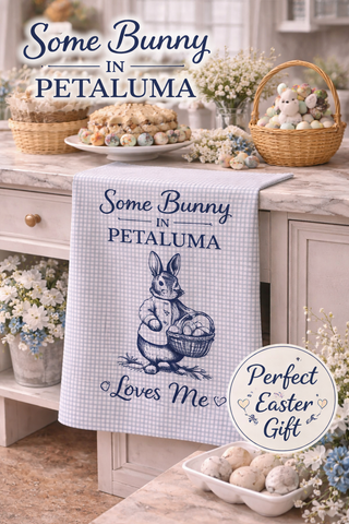 Petaluma Easter Tea Towel – Some Bunny in Petaluma Loves Me, Bunny Kitchen Towel, Spring Farmhouse Decor - Blue Check