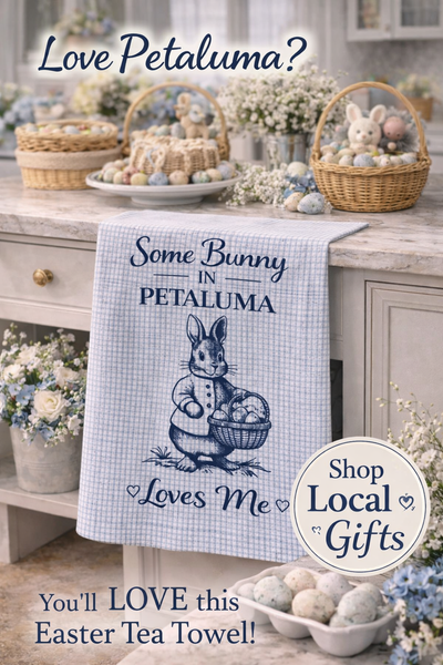 Petaluma Easter Tea Towel – Some Bunny in Petaluma Loves Me, Bunny Kitchen Towel, Spring Farmhouse Decor - Blue Check