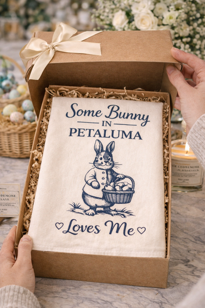 Petaluma Easter Tea Towel – Some Bunny in Petaluma Loves Me, Bunny Kitchen Towel, Spring Farmhouse Decor - Flour Sack Organic