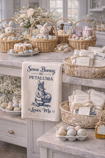 Petaluma Easter Tea Towel – Some Bunny in Petaluma Loves Me, Bunny Kitchen Towel, Spring Farmhouse Decor - Flour Sack Organic