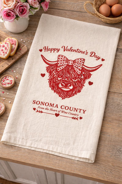 Happy Valentine's Day Sonoma County Highland Cow Tea Towel- Organic Flour Sack 27" x 27"