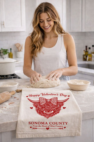 Happy Valentine's Day Sonoma County Highland Cow Tea Towel- Organic Flour Sack 27" x 27"