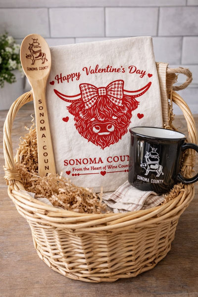 Happy Valentine's Day Sonoma County Highland Cow Tea Towel- Organic Flour Sack 27" x 27"