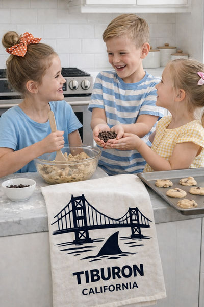 Tiburon Shark and Golden Gate Bridge Organic Flour Sack Tea Towel