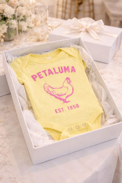 Luma Vintage Chicken Onesie- Yellow with pink image