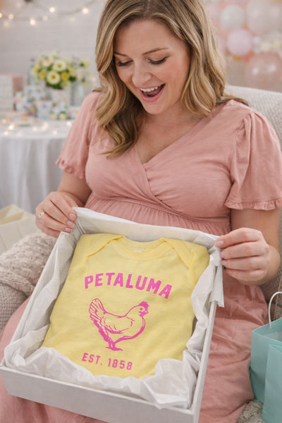 Luma Vintage Chicken Onesie- Yellow with pink image