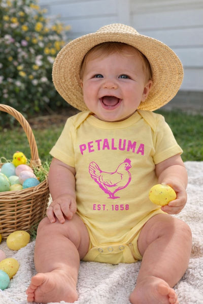 Luma Vintage Chicken Onesie- Yellow with pink image
