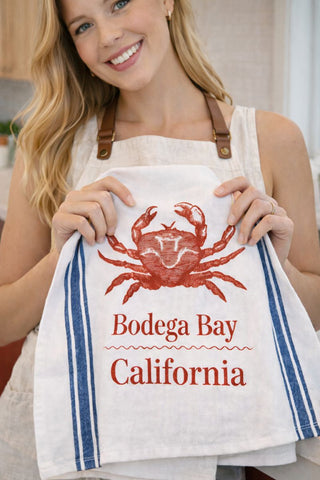 Bodega Bay Crab Tea Towel With Blue Stripes