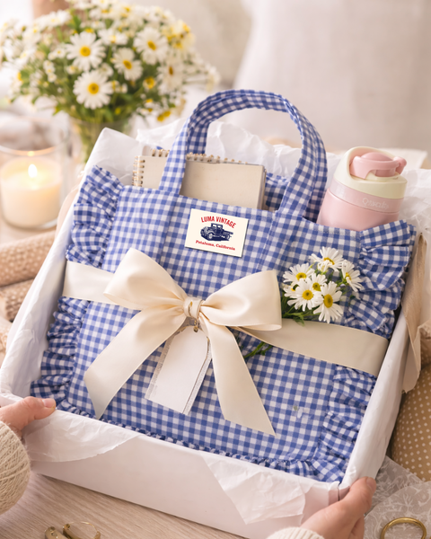 Gingham Ruffle Tote Bag – Blue & White Everyday Tote with Inside Pocket & Top Clasp