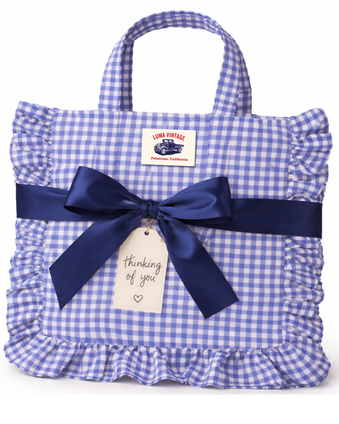 Gingham Ruffle Tote Bag – Blue & White Everyday Tote with Inside Pocket & Top Clasp