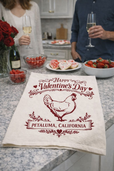 Happy Valentine's Day Petaluma Chicken Organic Flour Sack 27" x 27"