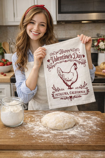 Happy Valentine's Day Petaluma Chicken Organic Flour Sack 27" x 27"