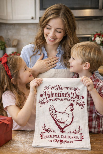 Happy Valentine's Day Petaluma Chicken Organic Flour Sack 27" x 27"
