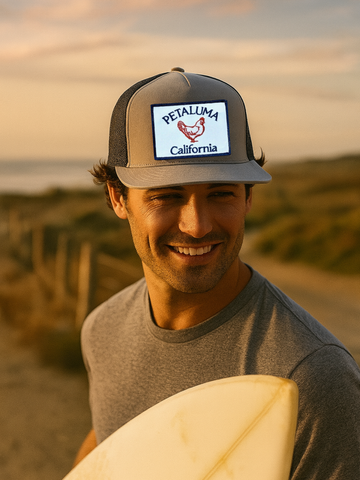 Petaluma Chicken Patch Trucker Hat Flat Bill- Grey/Black