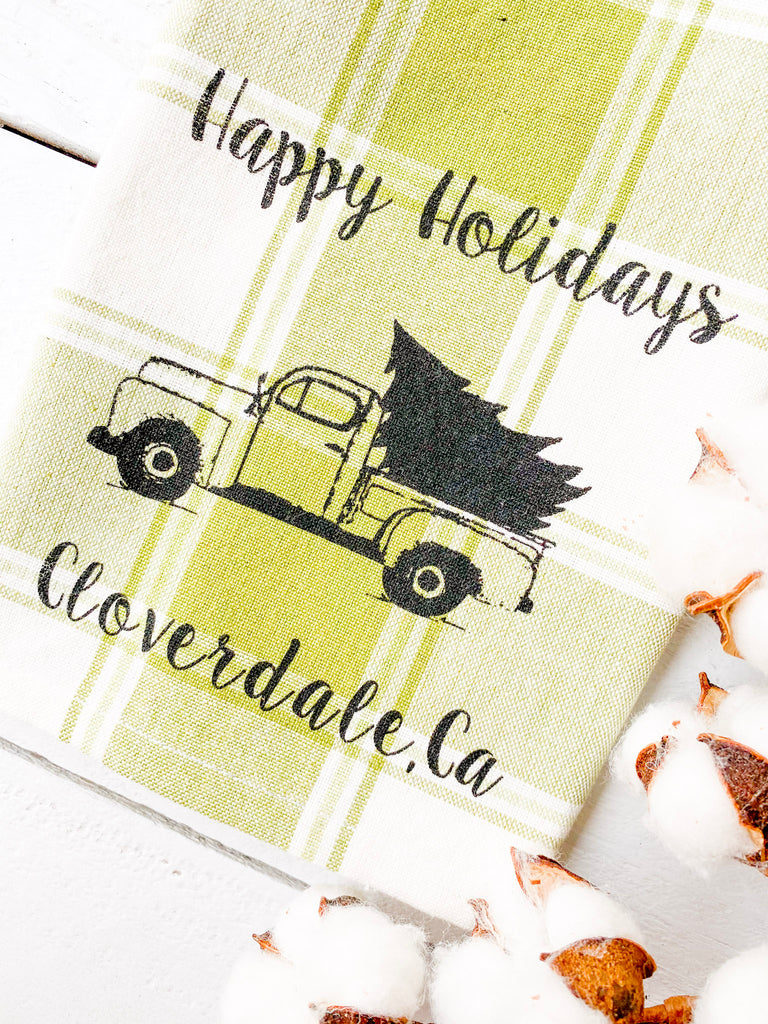 Cloverdale Happy Holidays Green Xmas Plaid Tea Towel- Luma Vintage