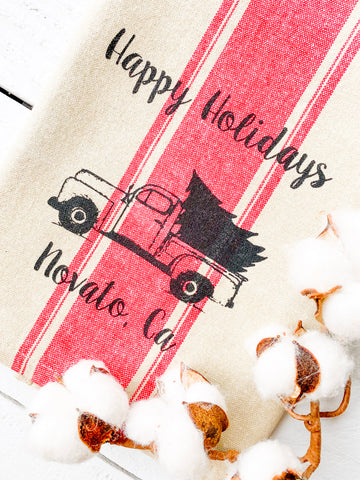 Happy Holidays Novato Luma Vintage Tea Towel- Red French Stripe