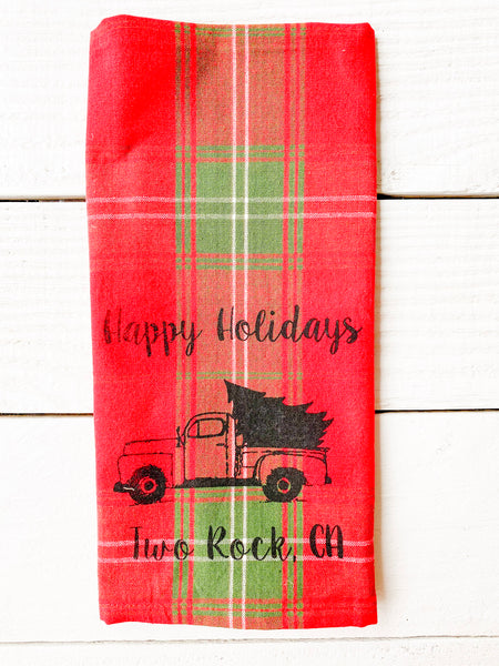 Happy Holidays Two Rock Xmas Tartan Tea Towel- Luma Vintage