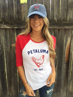 Women's Baby Rib 3/4 Sleeve Baseball Tee with  Petaluma Chicken logo White/Red