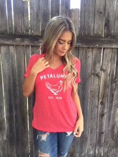 Women's Relaxed Jersey Short Sleeve V-Neck Tee in Heather Red with Chicken Logo
