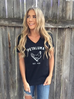 Women's Relaxed Jersey Short Sleeve V-Neck Tee in Black with Chicken Logo