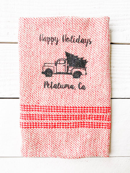 Rustic Tea Towel with Luma Vintage Petaluma Happy Holidays- Red Stripe