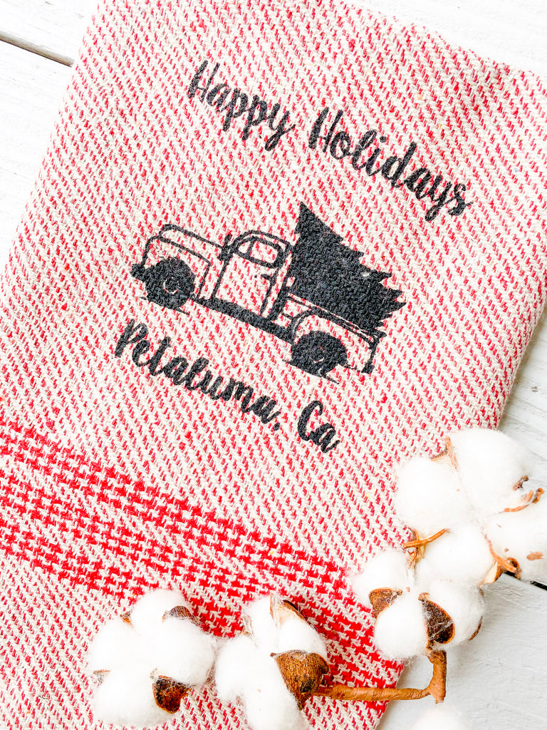 Rustic Tea Towel with Luma Vintage Petaluma Happy Holidays- Red Stripe