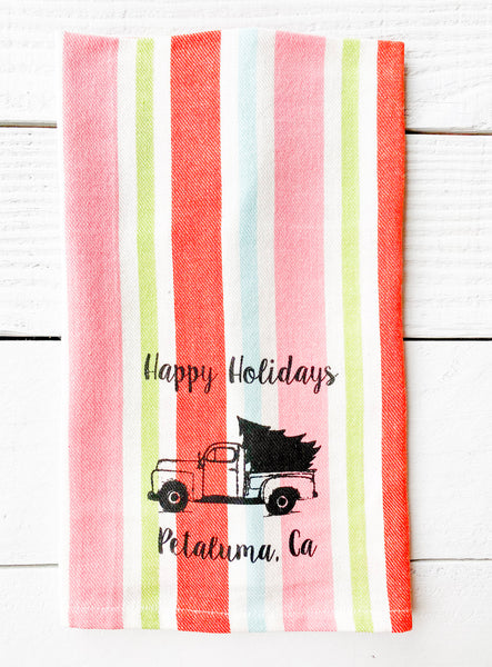 Luma Vintage Happy Holidays Petaluma Tea Towel -Candy Stripe