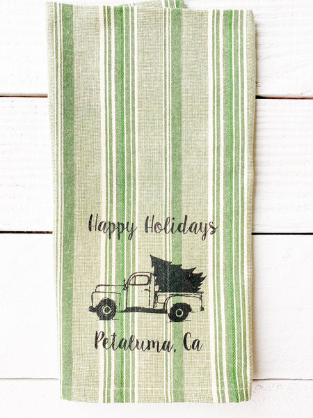 Luma Vintage Happy Holidays Petaluma Tea Towel - Green Multi- Stripe