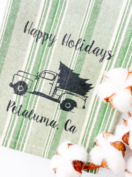 Luma Vintage Happy Holidays Petaluma Tea Towel - Green Multi- Stripe